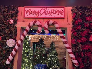 A doorway flanked by large candy canes. Beyond it are a few decorated Christmas trees.