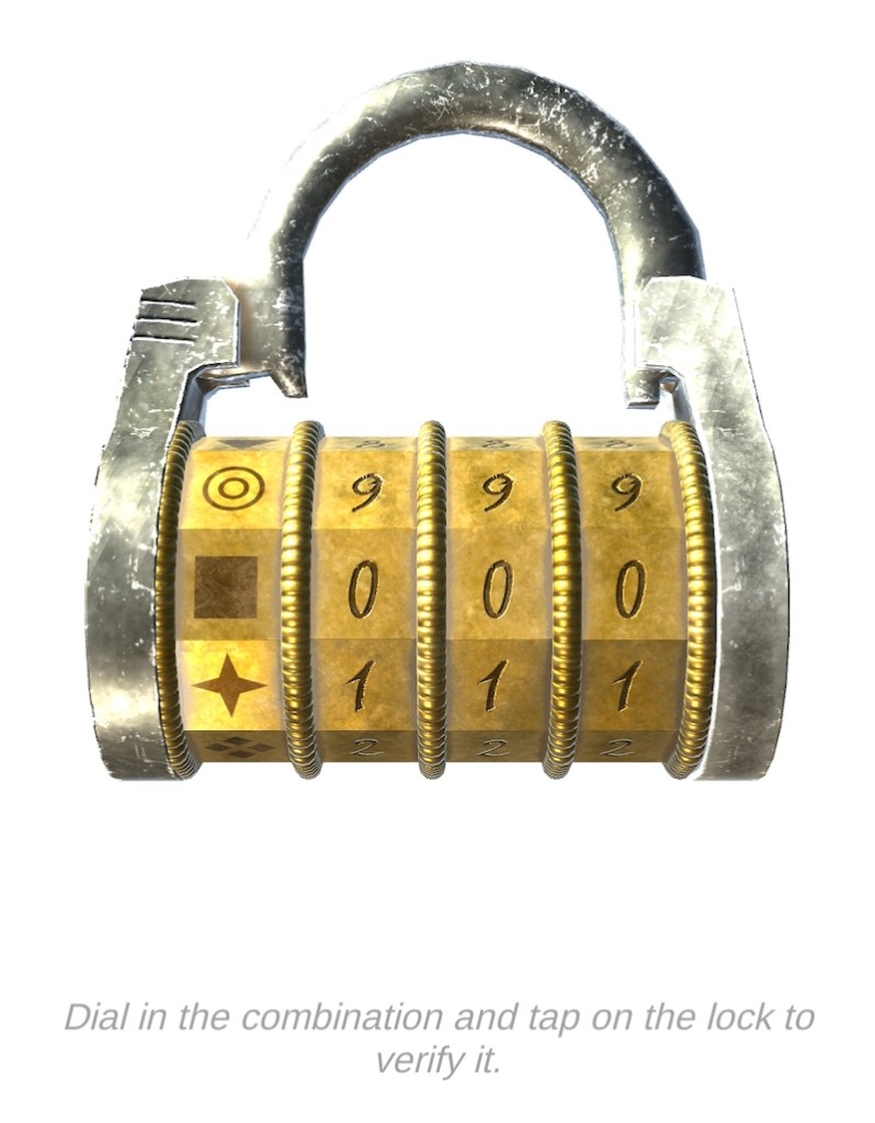 Screenshot from a digital interface of a combination lock. 1 disk has symbols, the other 3 have numbers.
