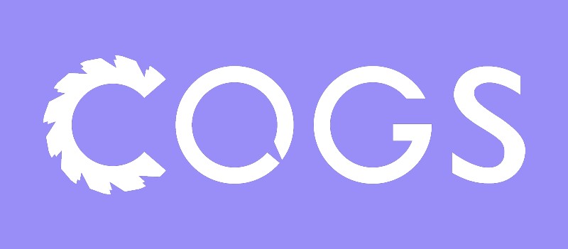 logo for COGS, the C looks like a gear, and it's white text over a purple background