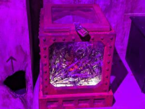 An ominous locked box with clear side panels. It is filled with needles.