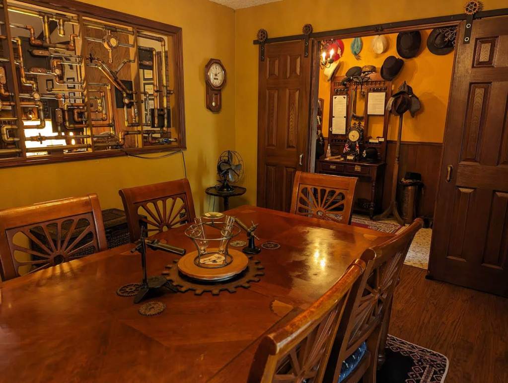 A dining-room with a steampunk aesthetic.