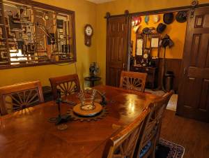 A dining-room with a steampunk aesthetic.