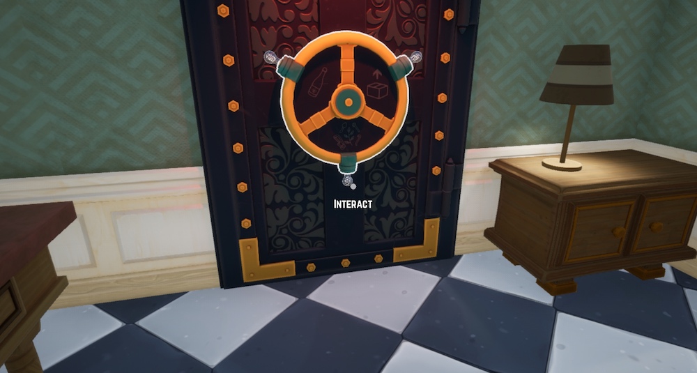 In-game rendering of a large fault door with gold hardware.