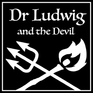 Text reads "Dr Ludwig and the Devil" with a pitchfork and torch logo