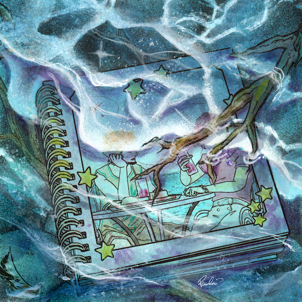 An illustration of a photo in an album underwater and covered by a tree branch