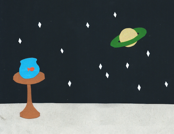 An illustration of a fishbowl on a table in front of a backdrop of stars and a ringed planet