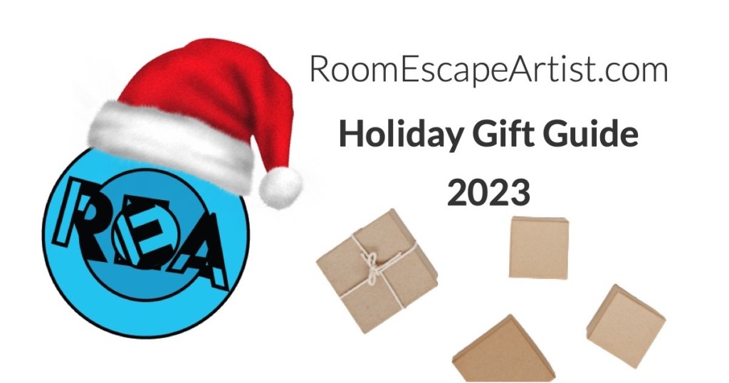 REA logo with a Santa hat atop. Text reads, "RoomEscapeArtist.com Holiday Gift Guide 2023"