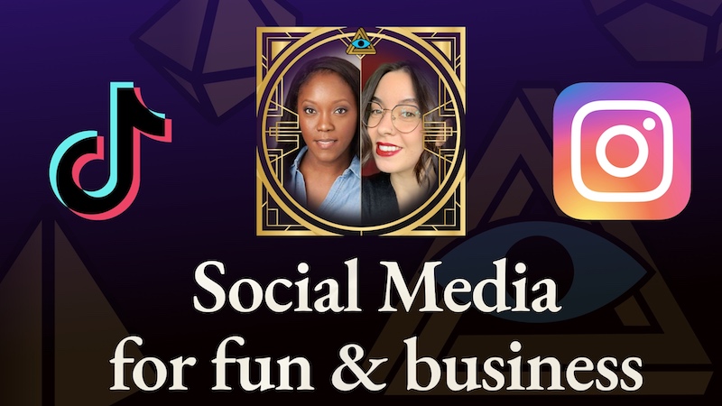 Video title card: Brittney Coleman and Anna Lysova headshots, the TikTok and Instagram logos, and the words, "Social Media for fun & business.: