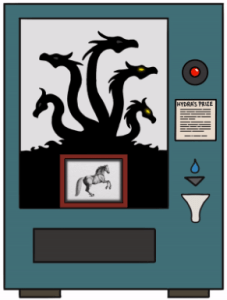 blue green machine with a large image of a hydra with 5 heads. 2 of the eyes are yellow. There is a funnel with a water drop over it, and a small image of a horse