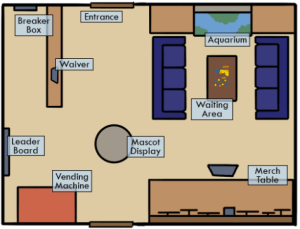 image of an escape room lobby layout with various items labeled like "waiver", "entrance" "leaderboard" "vending machine" "breaker box" "aquarium" "merch table"