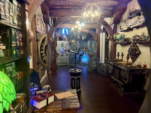 A beautiful wizard's lab filled with books, glassware, and other contraptions.