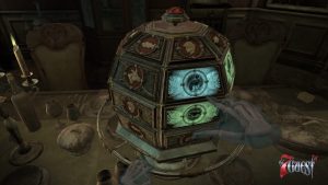 VR puzzle box in the shape of a glowing paneled orb.