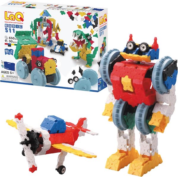 LaQ Basic 511 box beside a robot and an airplane made out of LaQ pieces
