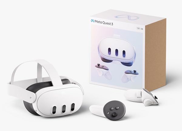 Meta Quest 3 headset, controllers, and box.