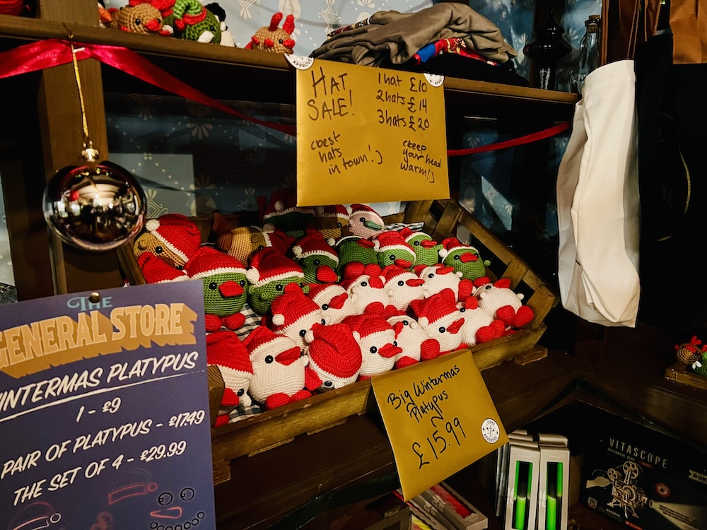 A display of custom Wintermas Platypus plushies.