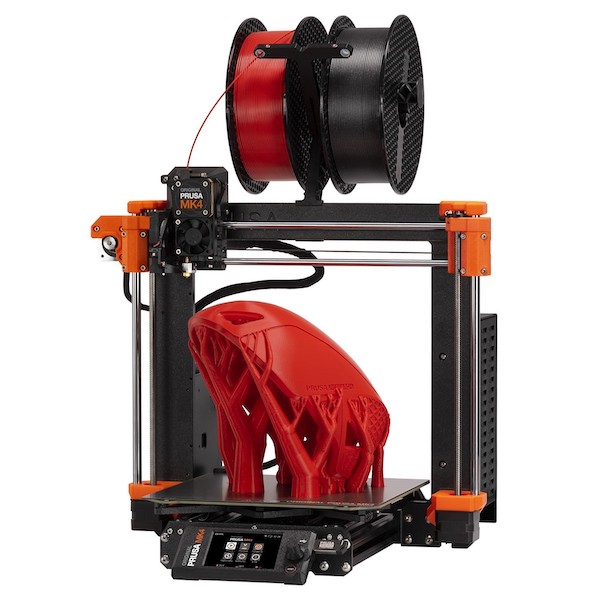 Prusa 3D printer, printing a large red object.