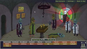 In-game screen shot of a strange gathering of masked people at an alter. Stained glass illuminates behind them.