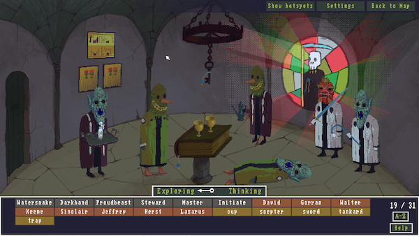 In-game screen shot of a strange gathering of masked people at an alter. Stained glass illuminates behind them.