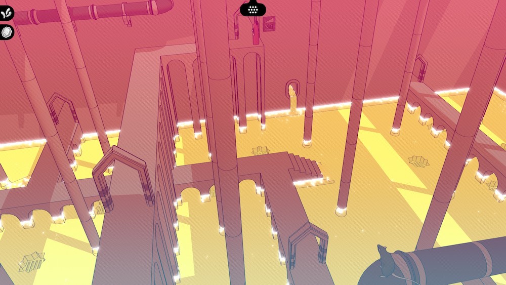 An illustrated environment of a mazed of paths and bridges over water.