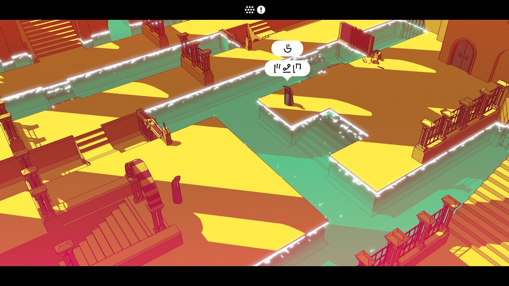 In-game environment. A pillar has a text bubble emanating from it with a set of unknown symbols.