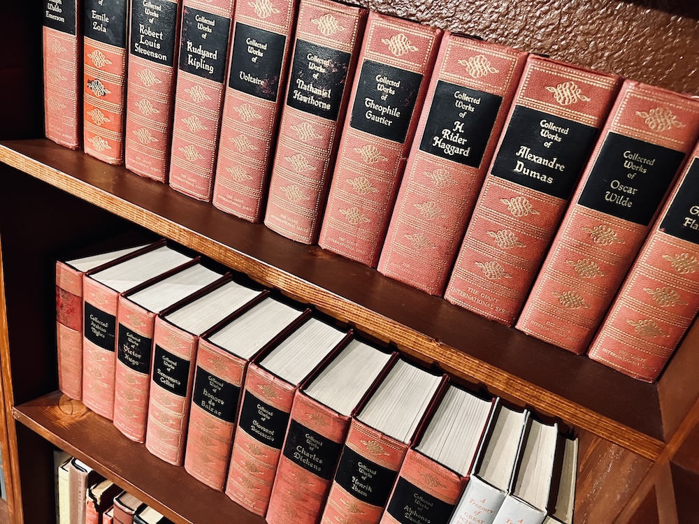 Closeup of a bookshelf filled with books.
