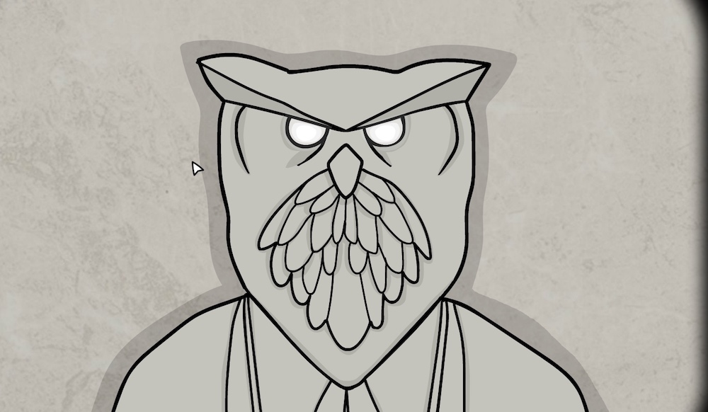 Closeup illustration of a statue of Mr Owl's face.