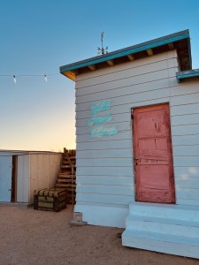 A small building with a neon sign that reads, "Wild Heart Ranch"