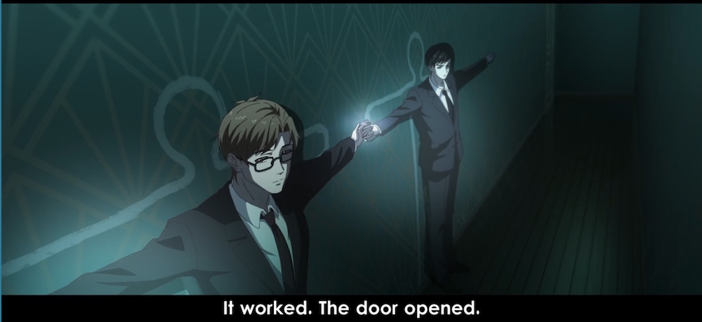 Anime still: Two men with their backs against a wall, filling in the outlines of two humans, their arms outstretched. Caption reads: "It wored. The door opened."