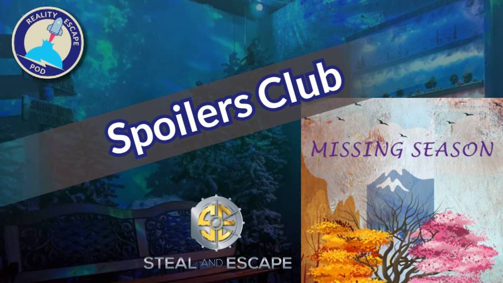 hero image for spoilers club: missing season. background of wintery fir trees behind a park bench. cover image of "missing season" with an illustration of a tree with 1/3 autumn leaves, 1/3 empty branches, 1/3 pink leaves.