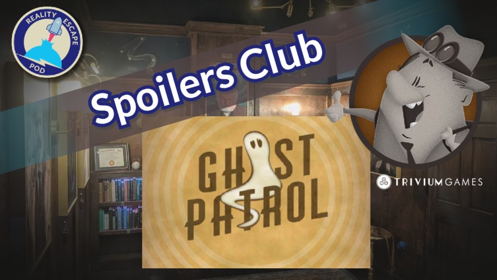 hero image for Spoilers club Ghost patrol. cartoon detective in black and white with a thumbs up. There is also a gold and yellow spiral background with a cartoon ghost intertwined with the ghost patrol logo