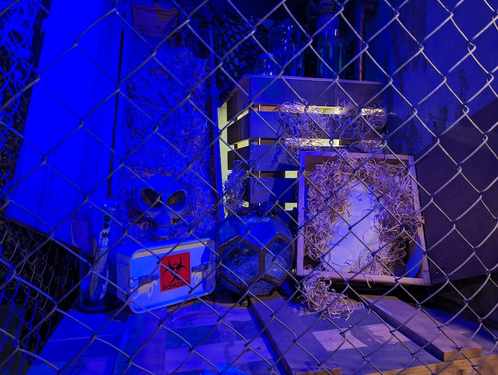 A cage with an assortment of alien artifacts and an alien skull.