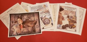 The assorted pages of The Gilded Carcanet game. Its colorful comic pages fanned out.