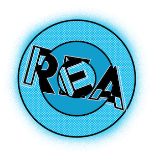 Room Escape Artist's blue concentric puzzle logo with a pop art aesthetic.