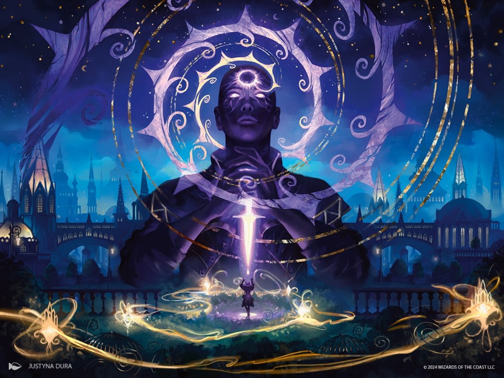 Beautiful patterns spiraling out from a purple eyed character holding a glowing dagger.