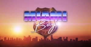 "Miami Bay" title screen shows the Miami skyling at sunset with the game's title set in front of a golden police badge.