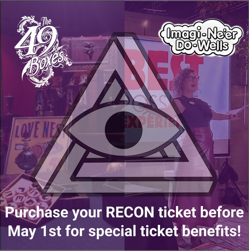 RECON promo reads, "Purchase your RECON ticket before May 1st for special ticket benefits!"