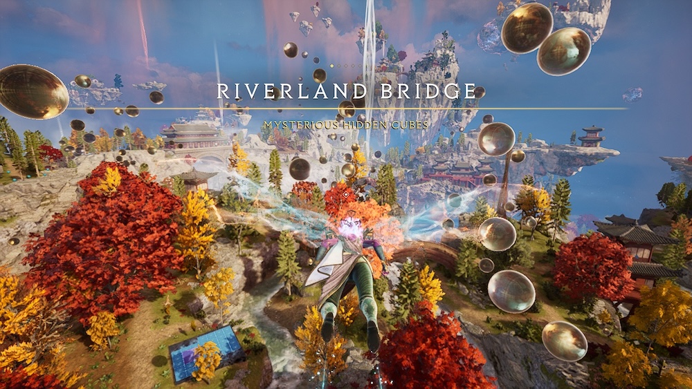 A fairy-like character with etherial wings flying over a beautiful, fantastical terrain. Text reads, "Riverland Bridge: Mysterious Hidden Cubes"