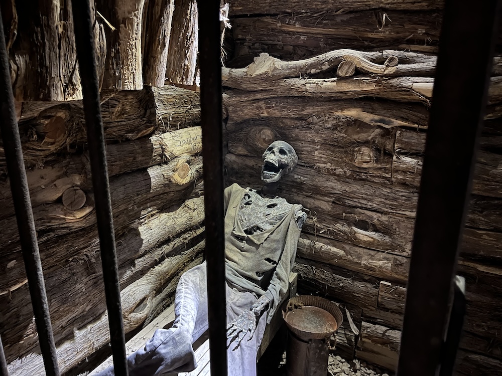 A skeleton in a jail cell. The walls of the room are wooden logs.