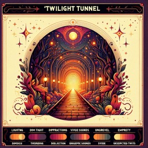 AI generated art of a tunnel with an autumnal aesthetic. It is labeled, "'TWILIGHT TUNNEL" at the the bottom of the image is an assortment of gibberish words hallucinated by generative AI.