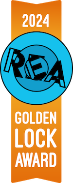 Blue REA logo against a golden ribbon reads, "2024 Golden Lock Award"