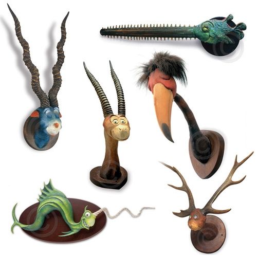images of fantasy creatures from Dr. Seuss books mounted on wall plaques