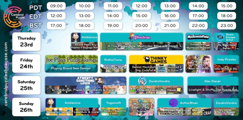 Cerebral Puzzle Showcase 2024 streaming schedule.