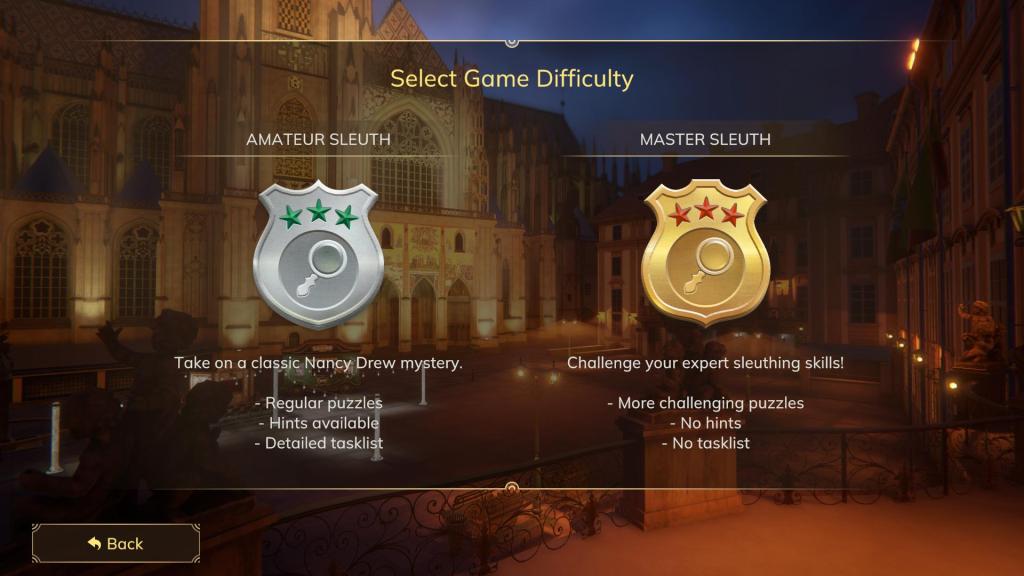 Game difficulty setting screen prompting the player to select "Amateur Sleuth" or "Master Sleuth."