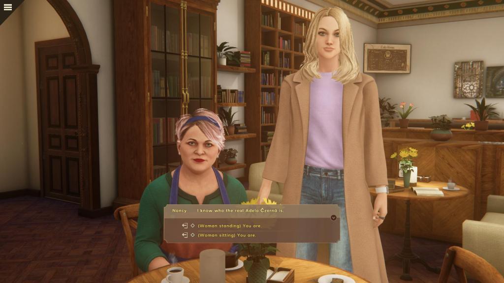 Video game scene from the vantage point of Nancy Drew as she speaks to two women, one younger and standing, the other older and sitting.