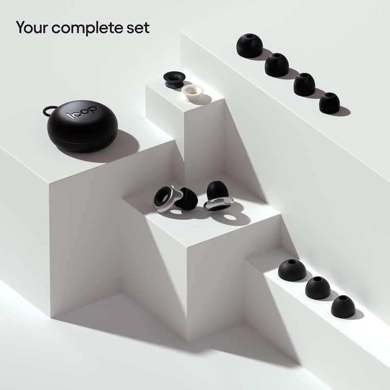 Earplugs, case, and assorted tips included in the Loop Experience set. 