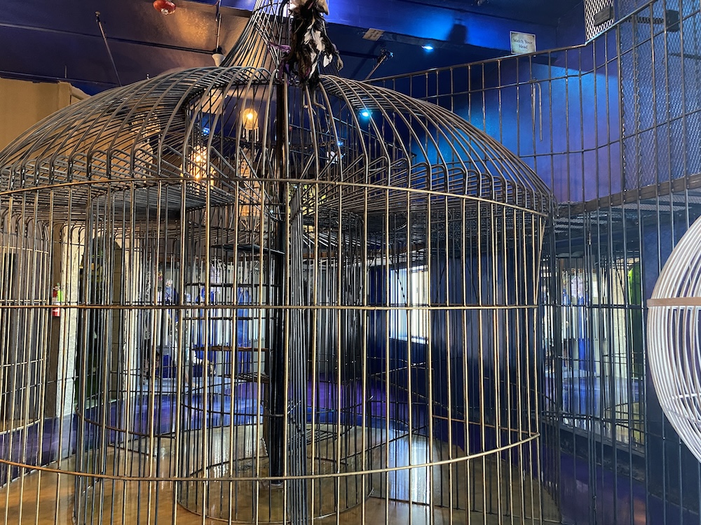 A massive metal bird cage.