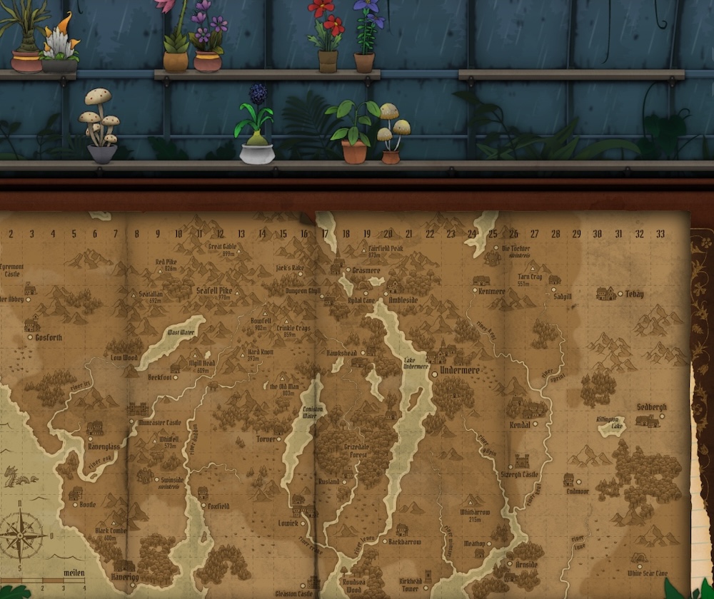 A large, detailed map of a region beneath shelves of plants and mushrooms.