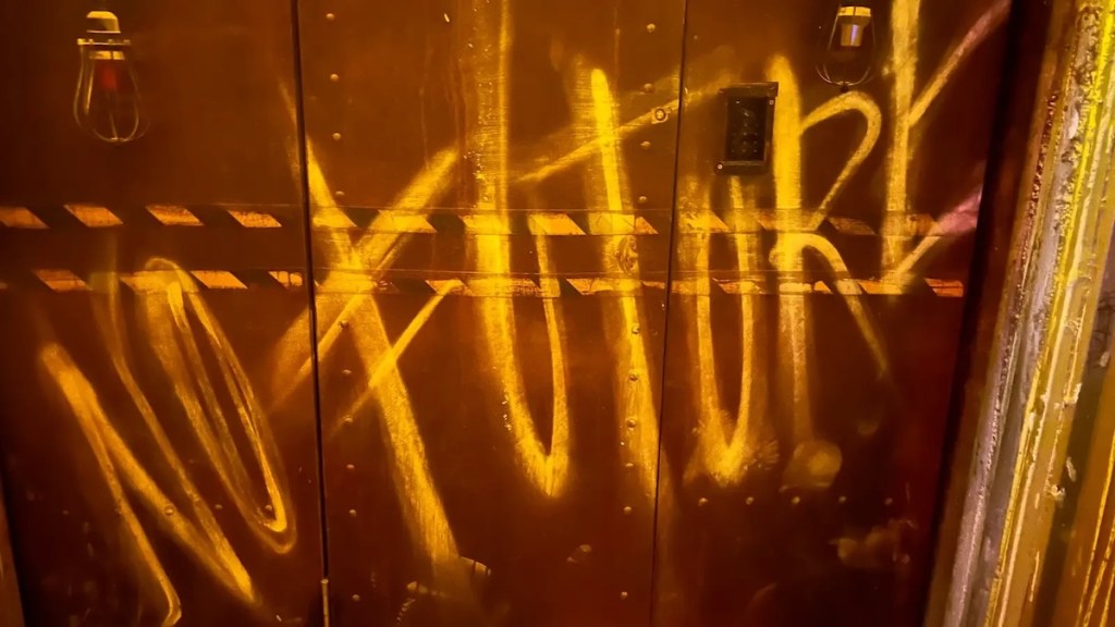 Storage locker with the words "No Future" spray painted on them.