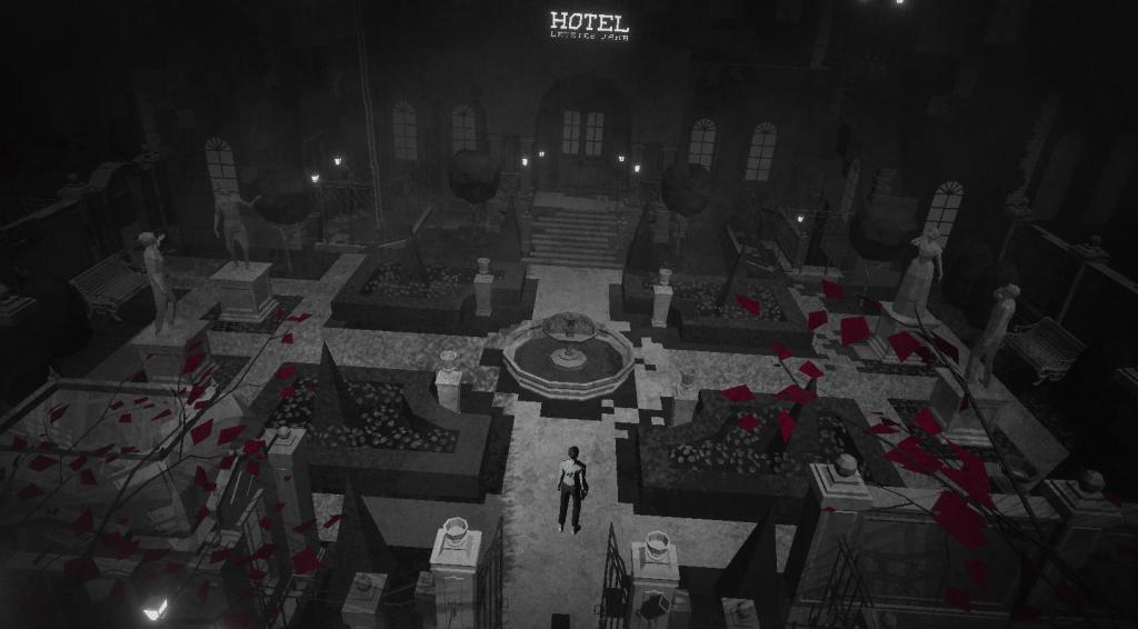 Black and white video game with red highlights viewed overhead: A character stands in a large courtyard.