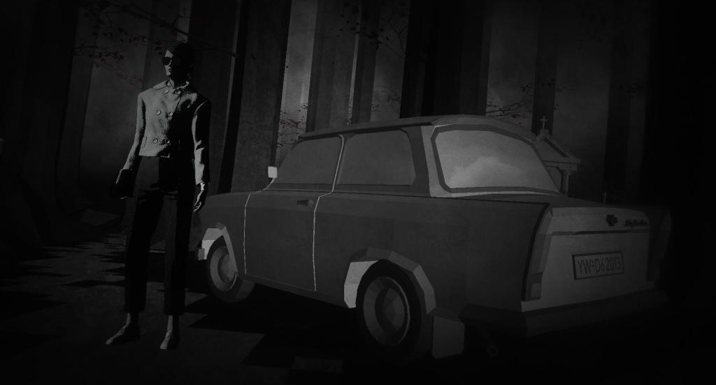 Black and white video game character standing outside of a car in the woods.